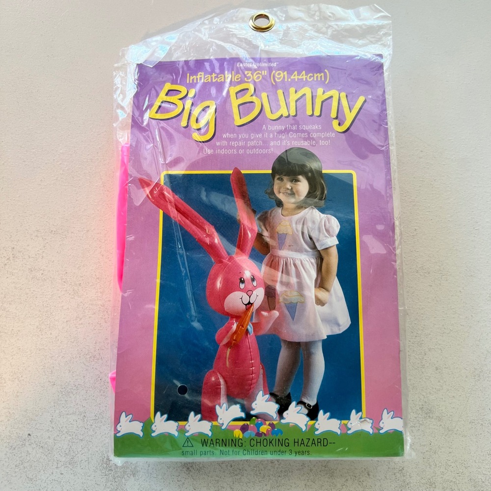 Vintage Easter Unlimited Inflatable Big Bunny 36 Inch Pink Squeaks Blow Up Toy